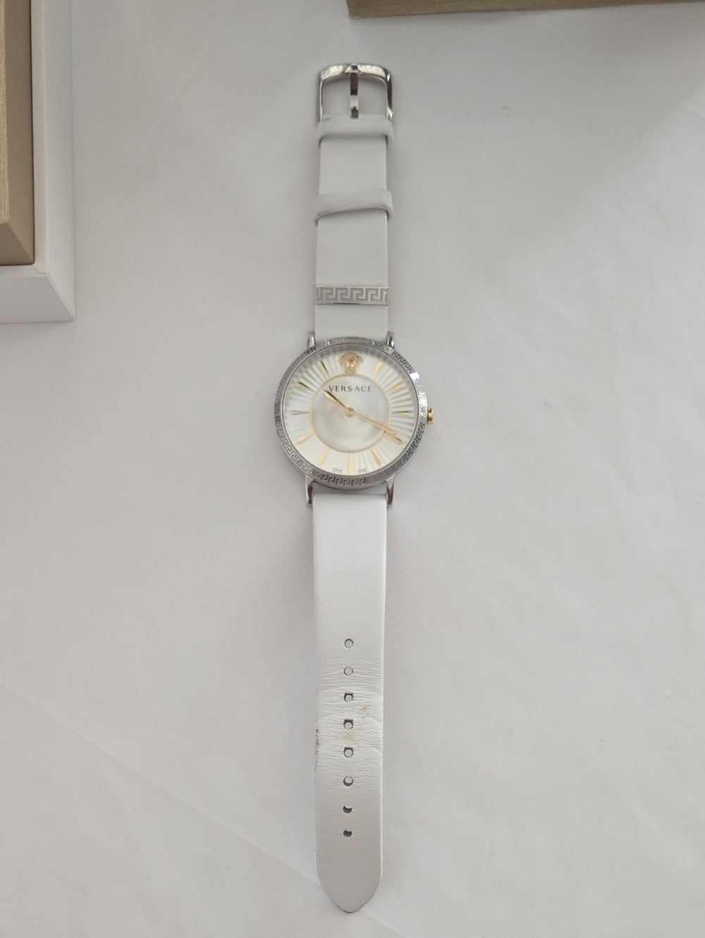 Versace White and Gold Accent Leather Strap Watch